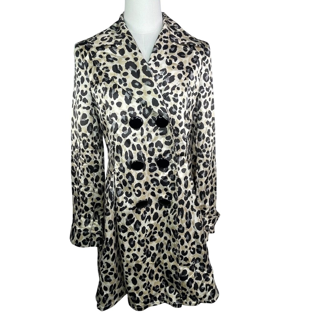 Helene Berman Satin Leopard Print Trench Coat Tan Black Double Breasted Swing S